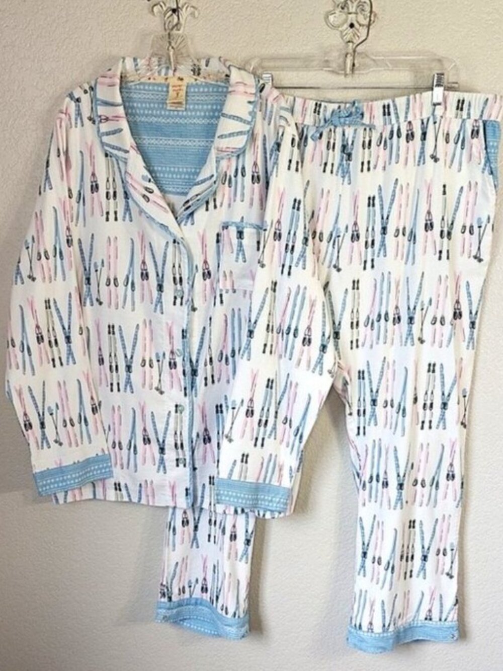 munki munki XXL Flannel Pajama Set Snow Skis Notch Collar Long Sleeves & Pants
